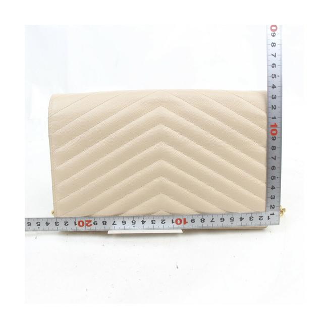 Saint Laurent Chain Wallet Grain De Poudre Matelasse Chevron Monogram Beige Leather Shoulder Bag