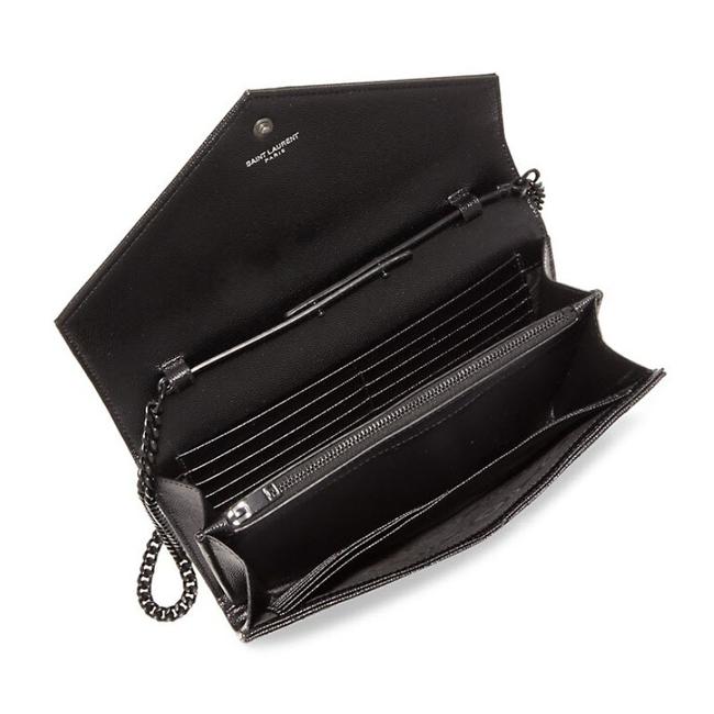 Saint Laurent Chain Wallet Grain De Poudre Matelasse Chevron Monogram Black Leather Cross Body Bag