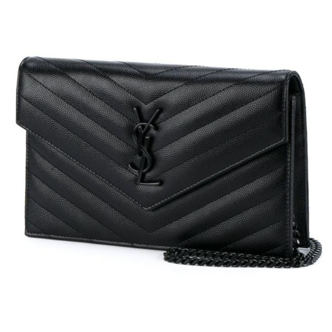 Saint Laurent Chain Wallet Grain De Poudre Matelasse Chevron Monogram Black Leather Cross Body Bag