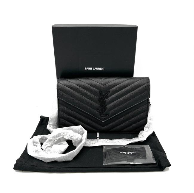 Saint Laurent Chain Wallet Grain De Poudre Matelasse Chevron Monogram Black Leather Cross Body Bag