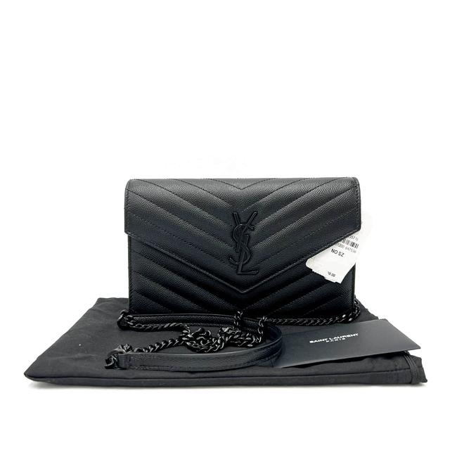 Saint Laurent Chain Wallet Grain De Poudre Matelasse Chevron Monogram Black Leather Cross Body Bag