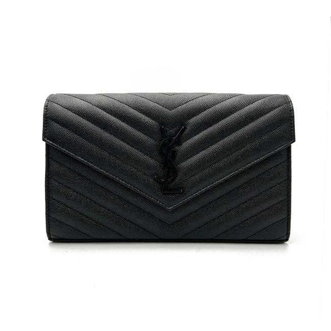 Saint Laurent Chain Wallet Grain De Poudre Matelasse Chevron Monogram Black Leather Cross Body Bag