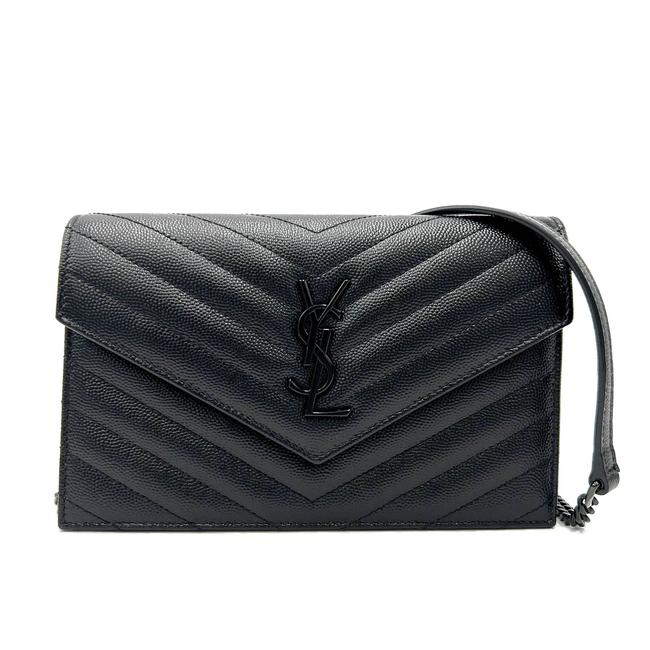 Saint Laurent Chain Wallet Grain De Poudre Matelasse Chevron Monogram Black Leather Cross Body Bag