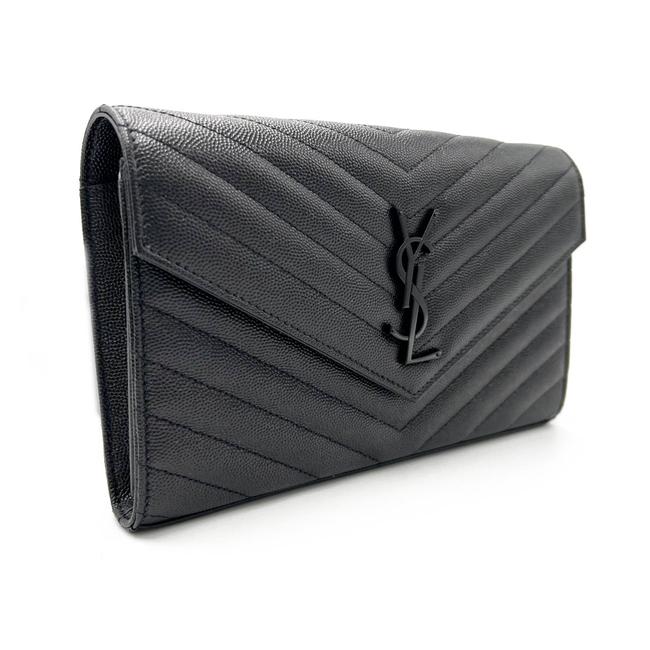 Saint Laurent Chain Wallet Grain De Poudre Matelasse Chevron Monogram Black Leather Cross Body Bag