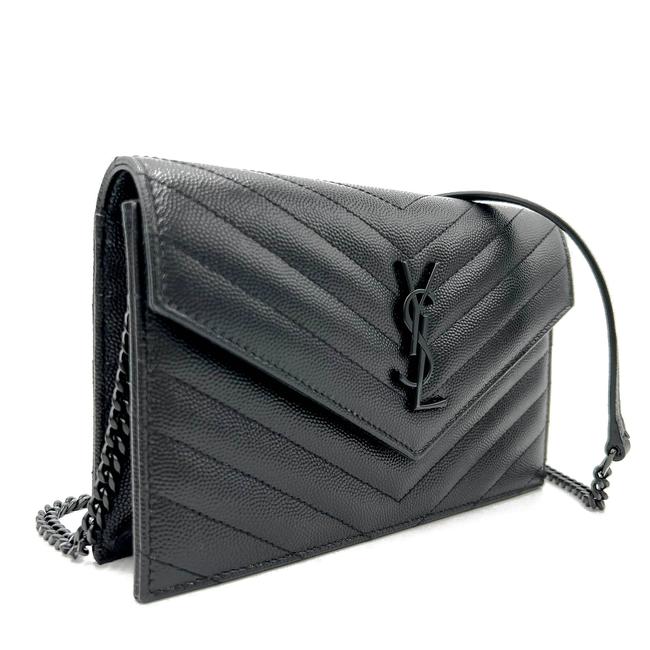 Saint Laurent Chain Wallet Grain De Poudre Matelasse Chevron Monogram Black Leather Cross Body Bag