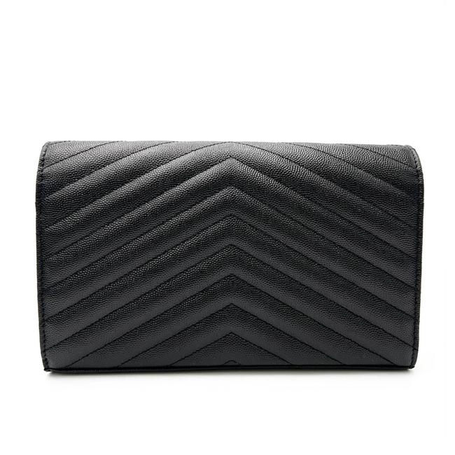 Saint Laurent Chain Wallet Grain De Poudre Matelasse Chevron Monogram Black Leather Cross Body Bag