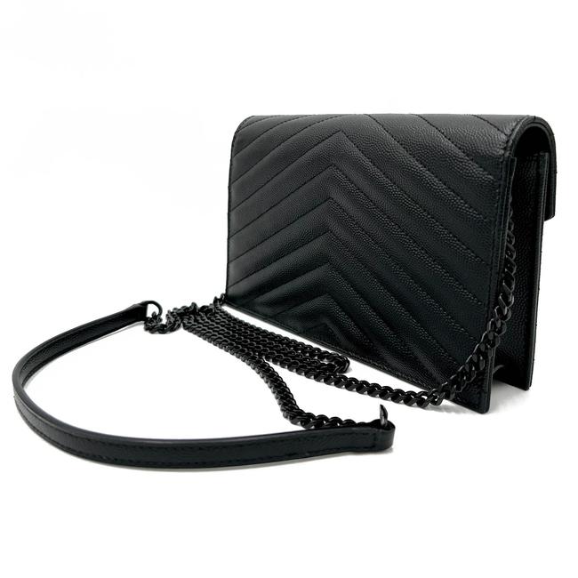 Saint Laurent Chain Wallet Grain De Poudre Matelasse Chevron Monogram Black Leather Cross Body Bag