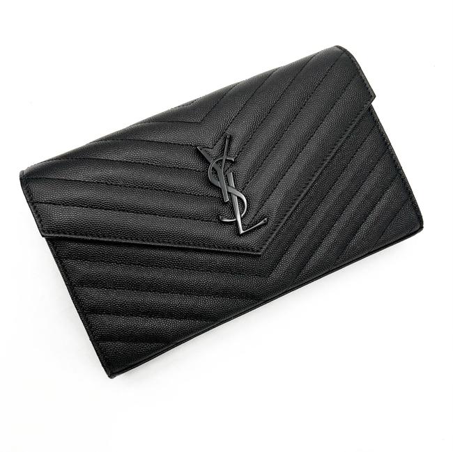 Saint Laurent Chain Wallet Grain De Poudre Matelasse Chevron Monogram Black Leather Cross Body Bag