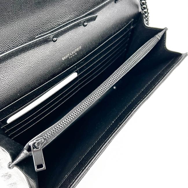 Saint Laurent Chain Wallet Grain De Poudre Matelasse Chevron Monogram Black Leather Cross Body Bag
