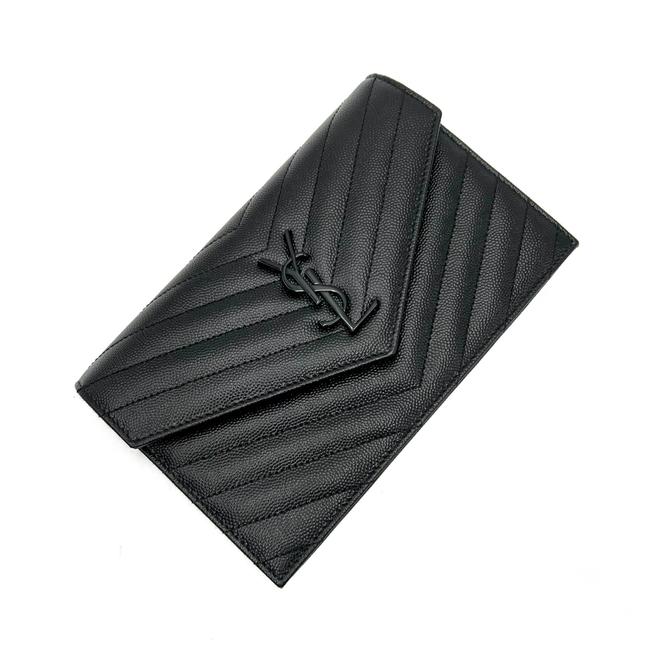 Saint Laurent Chain Wallet Grain De Poudre Matelasse Chevron Monogram Black Leather Cross Body Bag