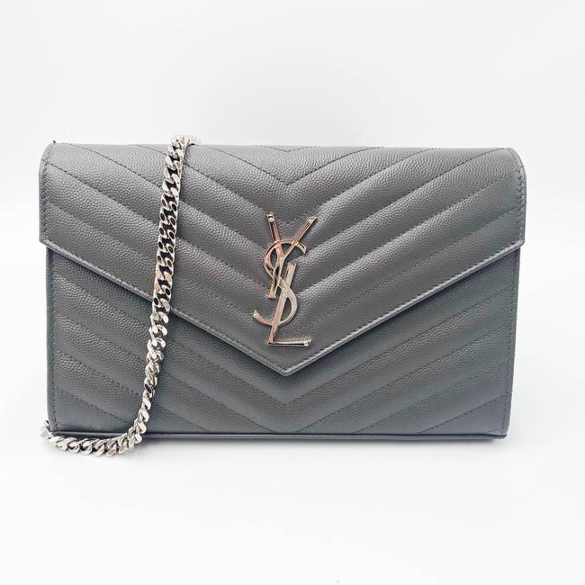 Saint Laurent Chain Wallet Grain De Poudre Matelasse Chevron Monogram Grey Leather Cross Body Bag