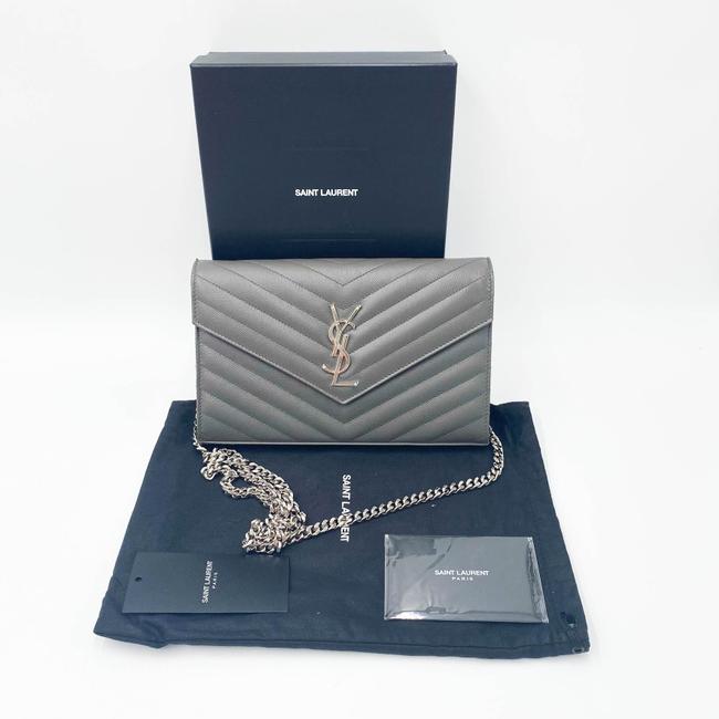 Saint Laurent Chain Wallet Grain De Poudre Matelasse Chevron Monogram Grey Leather Cross Body Bag
