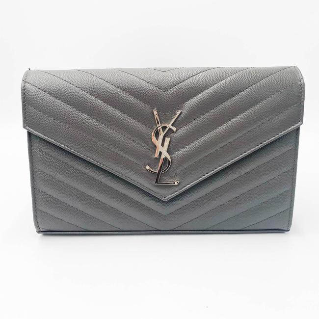 Saint Laurent Chain Wallet Grain De Poudre Matelasse Chevron Monogram Grey Leather Cross Body Bag