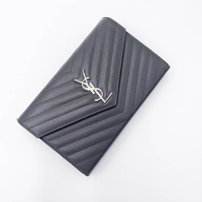 Saint Laurent Chain Wallet Grain De Poudre Matelasse Chevron Monogram Grey Leather Cross Body Bag