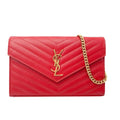 Saint Laurent Chain Wallet Grain De Poudre Matelasse Chevron Monogram Red Leather Shoulder Bag
