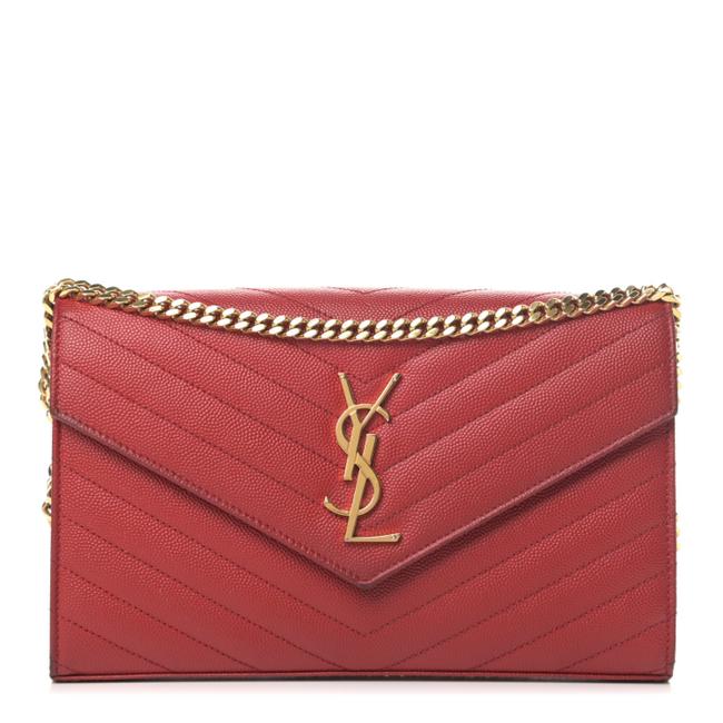 Saint Laurent Chain Wallet Grain De Poudre Matelasse Chevron Monogram Red Leather Shoulder Bag