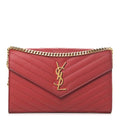 Saint Laurent Chain Wallet Grain De Poudre Matelasse Chevron Monogram Red Leather Shoulder Bag