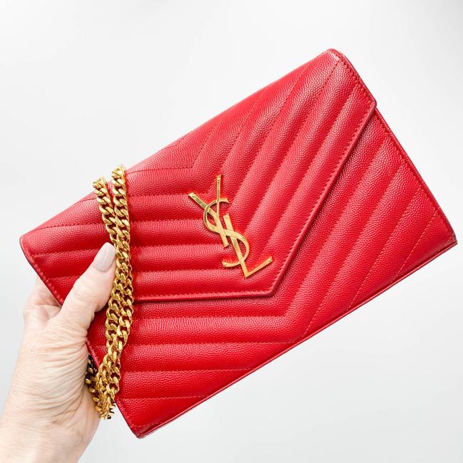 Saint Laurent Chain Wallet Grain De Poudre Matelasse Chevron Monogram Red Leather Shoulder Bag