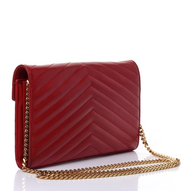 Saint Laurent Chain Wallet Grain De Poudre Matelasse Chevron Monogram Red Leather Shoulder Bag