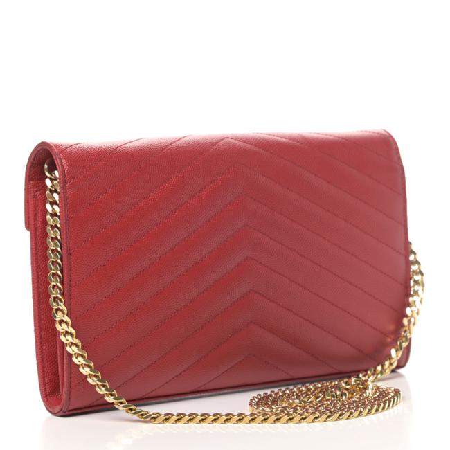 Saint Laurent Chain Wallet Grain De Poudre Matelasse Chevron Monogram Red Leather Shoulder Bag