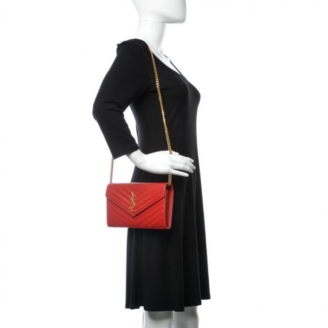 Saint Laurent Chain Wallet Grain De Poudre Matelasse Chevron Monogram Red Leather Shoulder Bag