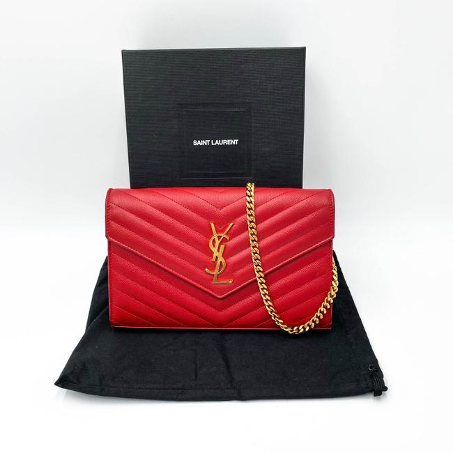 Saint Laurent Chain Wallet Grain De Poudre Matelasse Chevron Monogram Red Leather Shoulder Bag