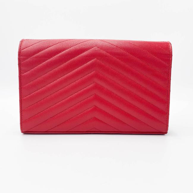 Saint Laurent Chain Wallet Grain De Poudre Matelasse Chevron Monogram Red Leather Shoulder Bag