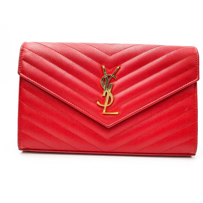 Saint Laurent Chain Wallet Grain De Poudre Matelasse Chevron Monogram Red Leather Shoulder Bag