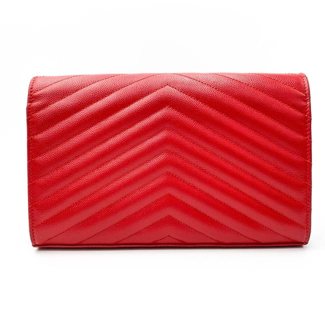 Saint Laurent Chain Wallet Grain De Poudre Matelasse Chevron Monogram Red Leather Shoulder Bag