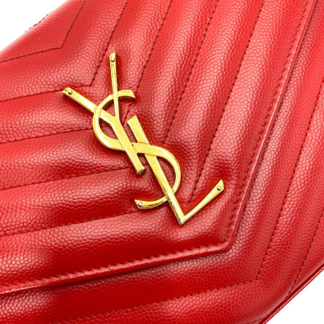Saint Laurent Chain Wallet Grain De Poudre Matelasse Chevron Monogram Red Leather Shoulder Bag