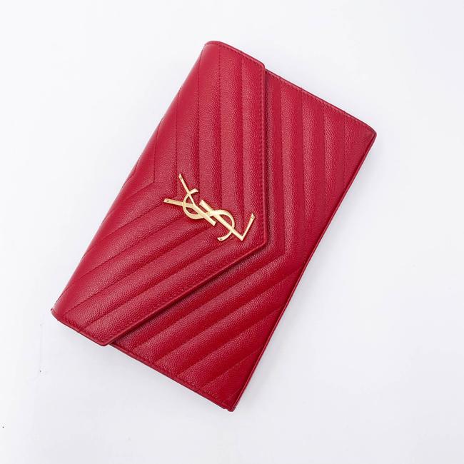 Saint Laurent Chain Wallet Grain De Poudre Matelasse Chevron Monogram Red Leather Shoulder Bag