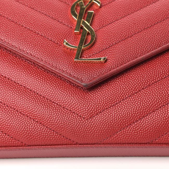 Saint Laurent Chain Wallet Grain De Poudre Matelasse Chevron Monogram Red Leather Shoulder Bag