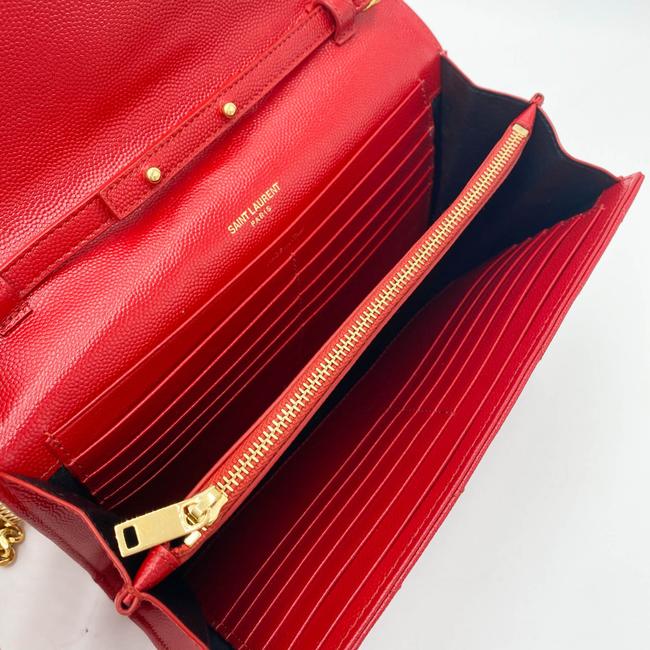 Saint Laurent Chain Wallet Grain De Poudre Matelasse Chevron Monogram Red Leather Shoulder Bag