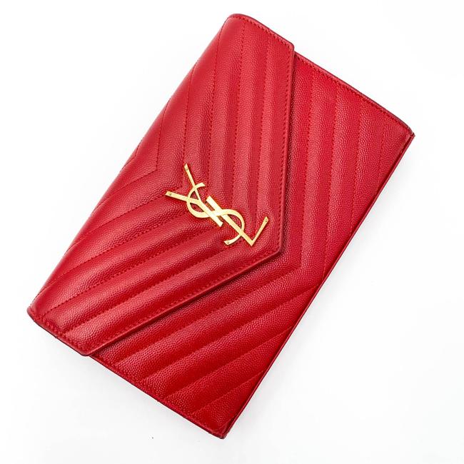 Saint Laurent Chain Wallet Grain De Poudre Matelasse Chevron Monogram Red Leather Shoulder Bag