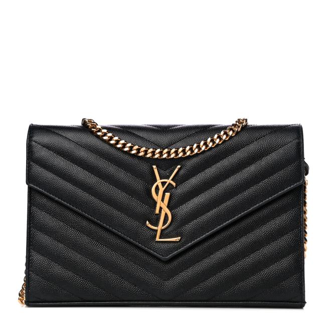 Saint Laurent Chain Wallet Grain De Poudre Matelasse Chevron Monogram Woc Black Leather Shoulder Bag
