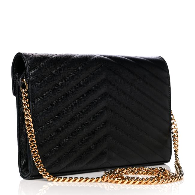 Saint Laurent Chain Wallet Grain De Poudre Matelasse Chevron Monogram Woc Black Leather Shoulder Bag