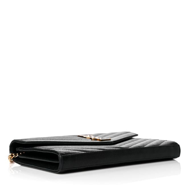 Saint Laurent Chain Wallet Grain De Poudre Matelasse Chevron Monogram Woc Black Leather Shoulder Bag