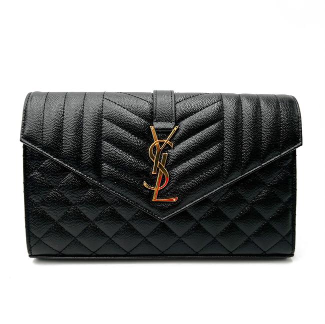 Saint Laurent Chain Wallet Grain De Poudre Mixed Matelasse Triquilt Monogram Black Leather Shoulder Bag
