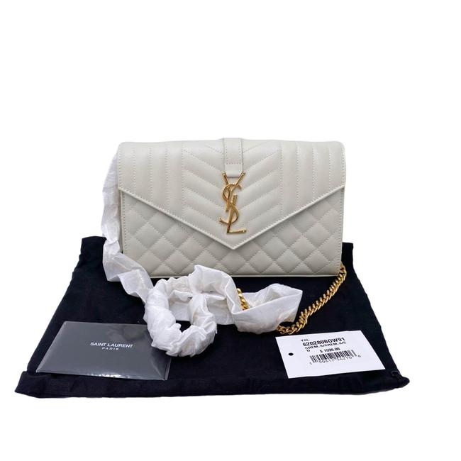 Saint Laurent Chain Wallet Grain De Poudre Mixed Matelasse Triquilt Crema White Leather Shoulder Bag