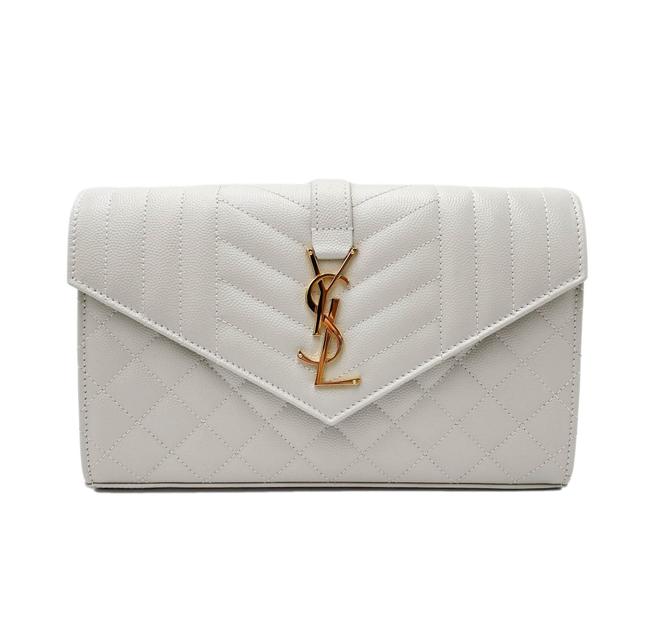 Saint Laurent Chain Wallet Grain De Poudre Mixed Matelasse Triquilt Crema White Leather Shoulder Bag