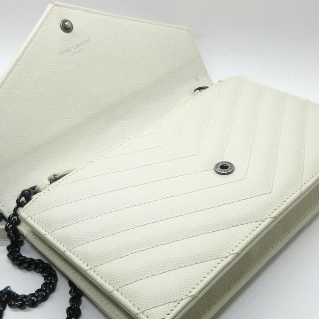 Saint Laurent Chain Wallet Monogram Envelope Grain De Poudre Matelasse Chevron Dove White Leather Shoulder Bag