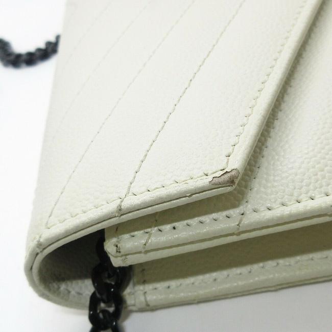 Saint Laurent Chain Wallet Monogram Envelope Grain De Poudre Matelasse Chevron Dove White Leather Shoulder Bag