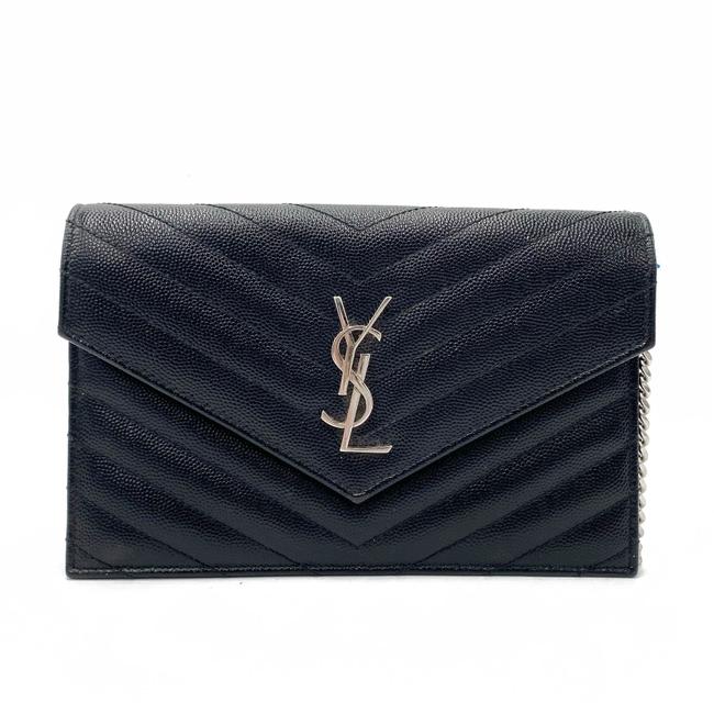 Saint Laurent Chain Wallet Monogram Envelope Grain De Poudre Matelasse Chevron Woc Black Leather Shoulder Bag