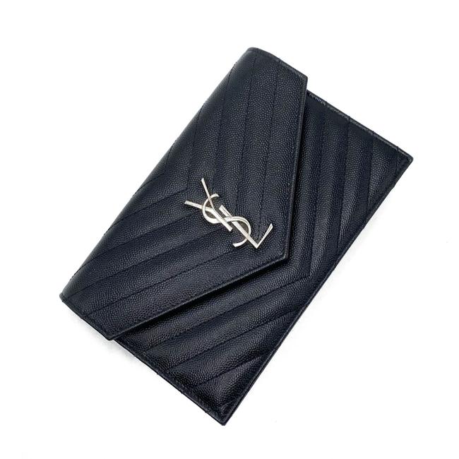 Saint Laurent Chain Wallet Monogram Envelope Grain De Poudre Matelasse Chevron Woc Black Leather Shoulder Bag