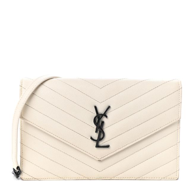 Saint Laurent Chain Wallet Monogram Envelope Grain De Poudre Matelasse Chevron Woc Dove White Leather Shoulder Bag