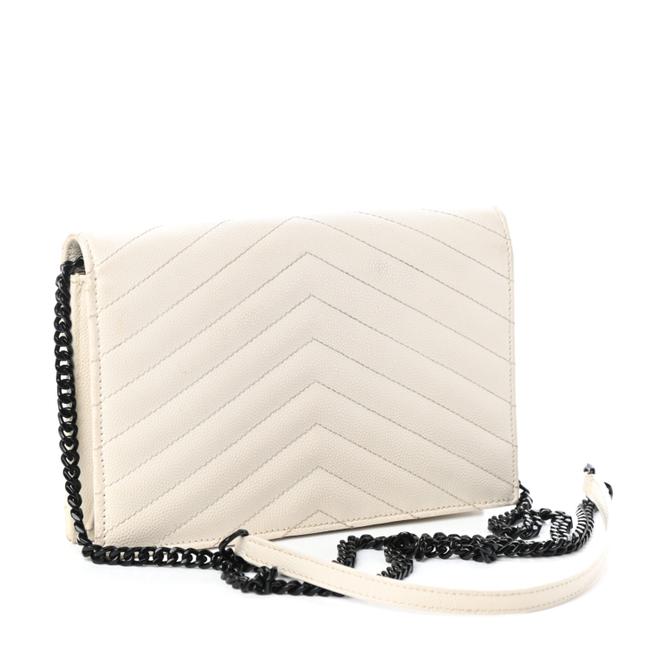 Saint Laurent Chain Wallet Monogram Envelope Grain De Poudre Matelasse Chevron Woc Dove White Leather Shoulder Bag