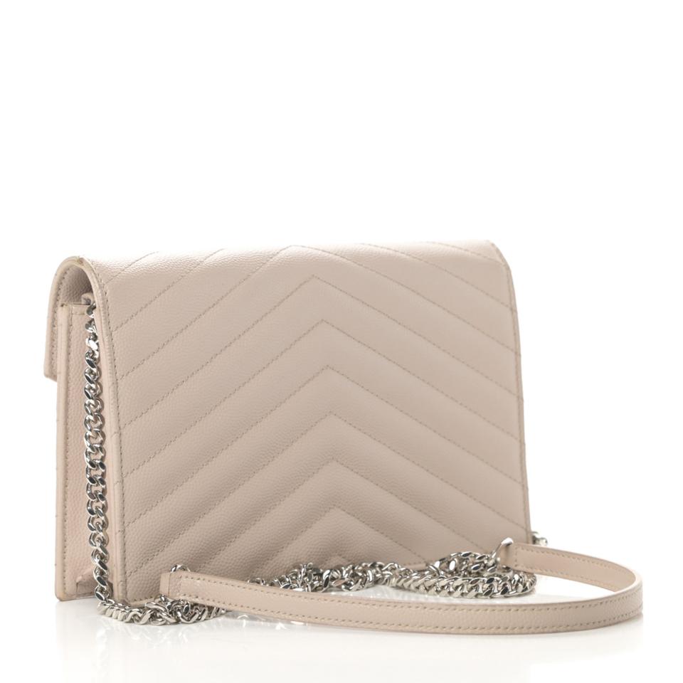 Saint Laurent Chain Wallet Monogram Envelope Grain De Poudre Matelasse Chevron Woc Nude Beige Leather Shoulder Bag