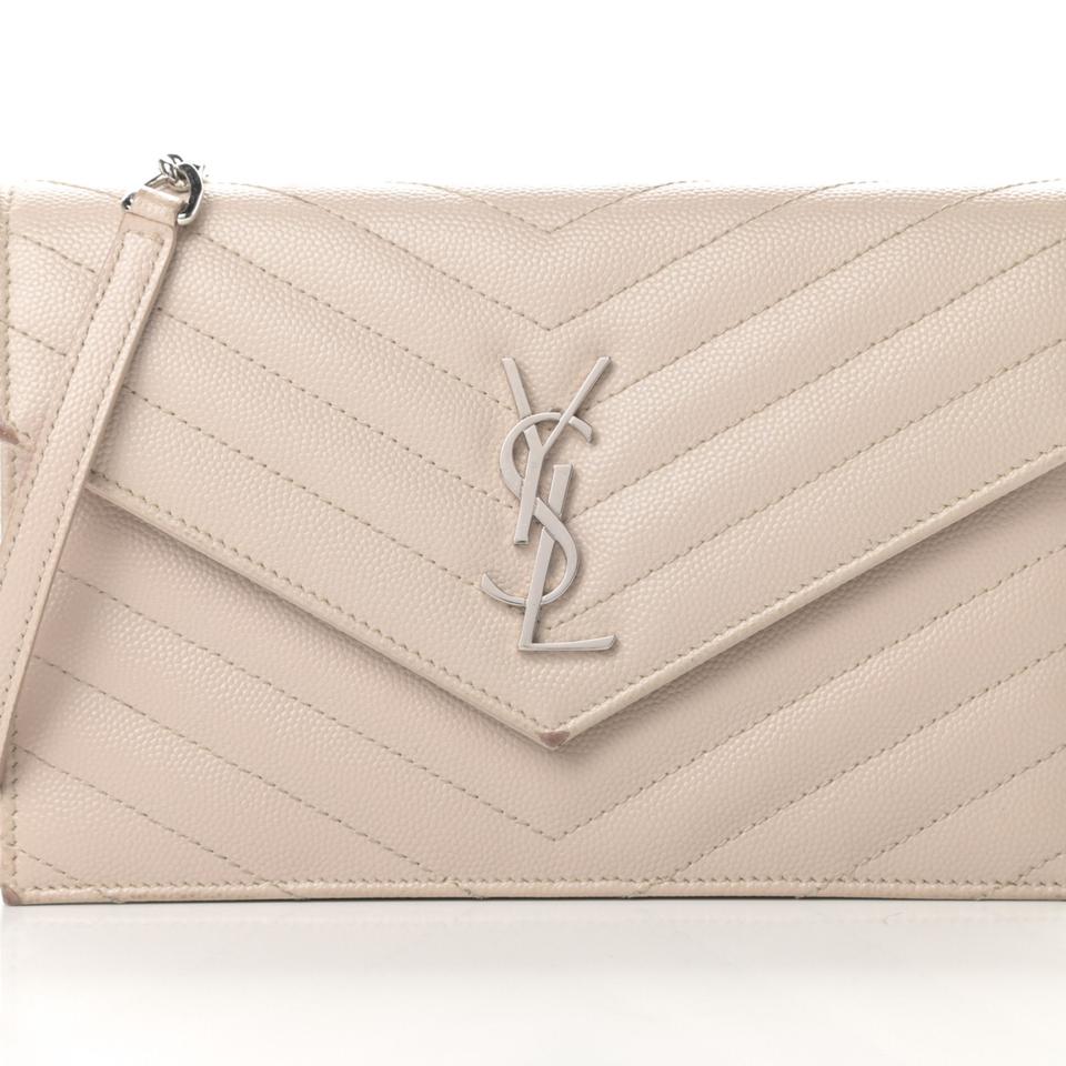 Saint Laurent Chain Wallet Monogram Envelope Grain De Poudre Matelasse Chevron Woc Nude Beige Leather Shoulder Bag