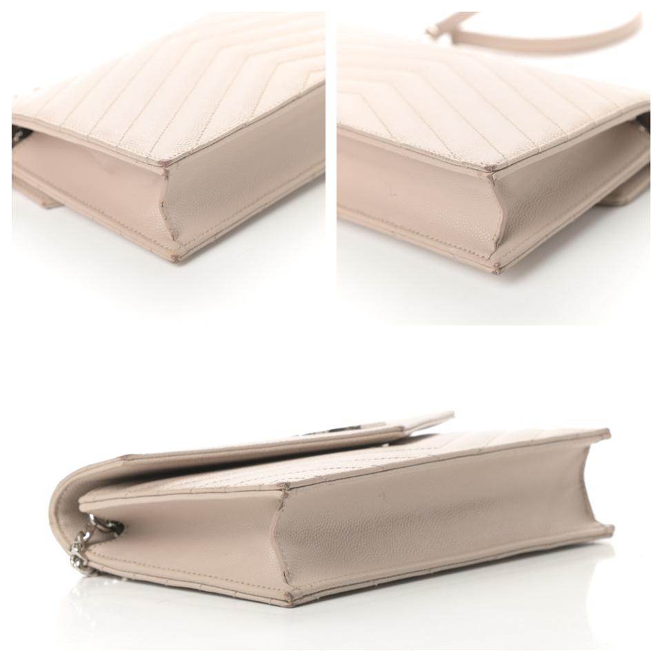 Saint Laurent Chain Wallet Monogram Envelope Grain De Poudre Matelasse Chevron Woc Nude Beige Leather Shoulder Bag