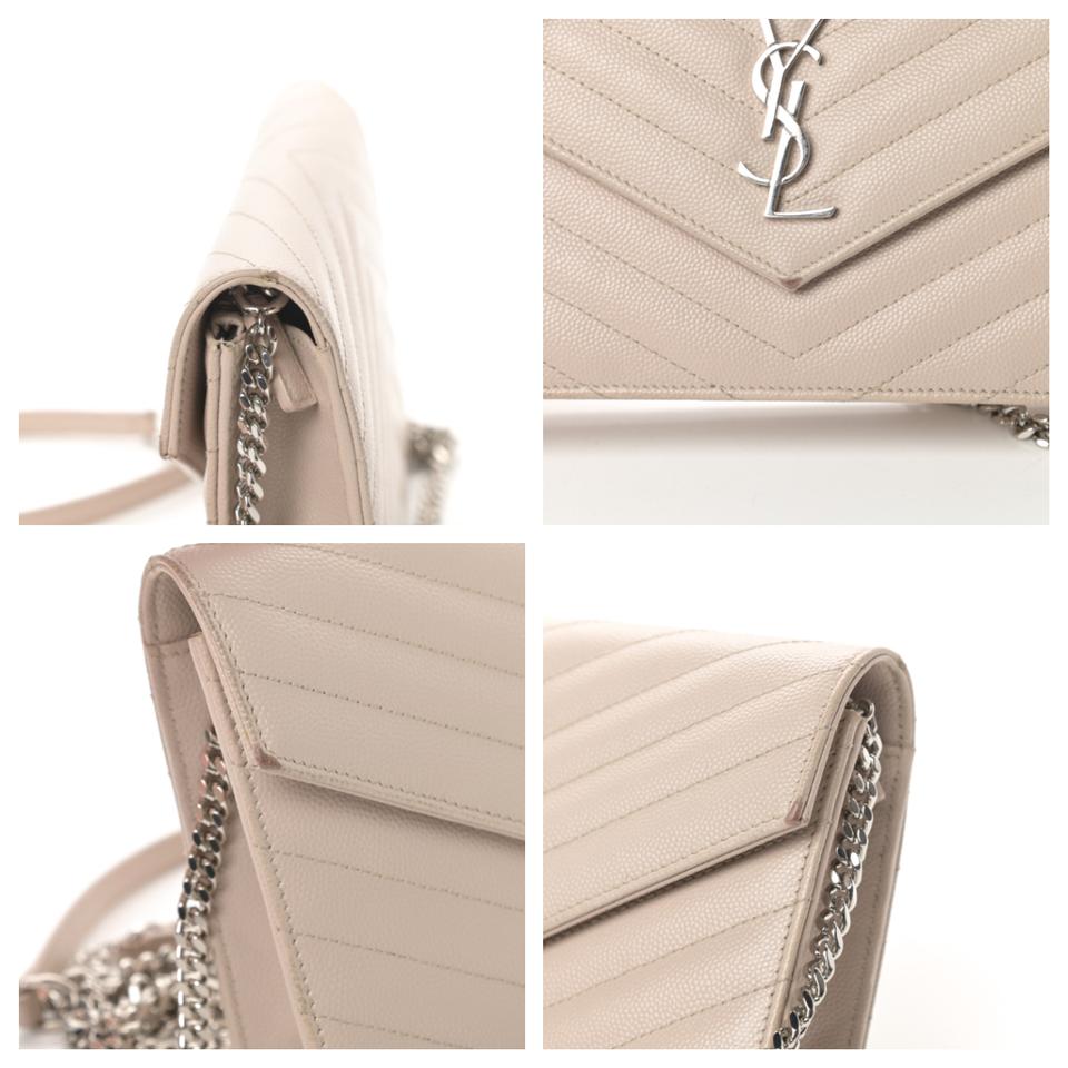Saint Laurent Chain Wallet Monogram Envelope Grain De Poudre Matelasse Chevron Woc Nude Beige Leather Shoulder Bag